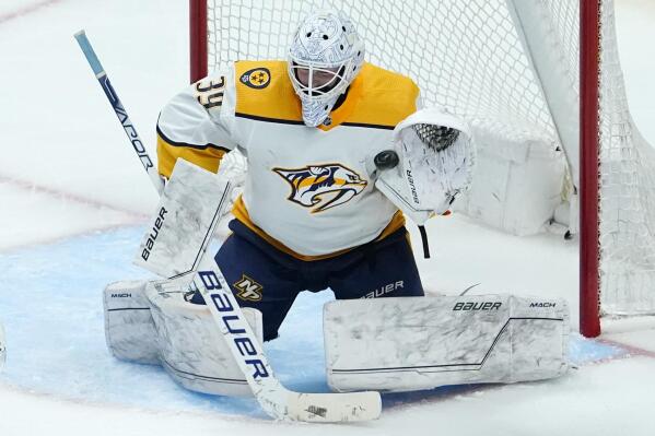 Nashville Predators goaltender Connor Ingram (39) makes a save against the Colorado Avalanche during the third period in Game 1 of an NHL hockey Stanley Cup first-round playoff series Tuesday, May 3, 2022, in Denver. (AP Photo/Jack Dempsey)