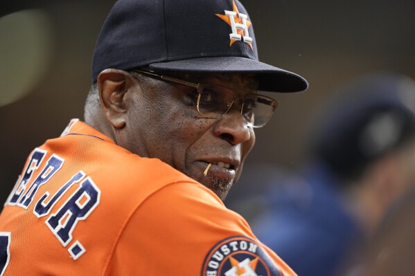 Houston Astros manager Dusty Baker watches during the first inning of Game 6 of the baseball AL Championship Series against the Texas Rangers Sunday, Oct. 22, 2023, in Houston. (AP Photo/David J. Phillip)