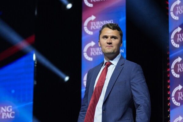 Turning Point USA Founder Charlie Kirk arrives to speak before Republican presidential nominee former President Donald Trump during a campaign rally at Thomas & Mack Center, Thursday, Oct. 24, 2024, in Las Vegas. (AP Photo/Alex Brandon)
