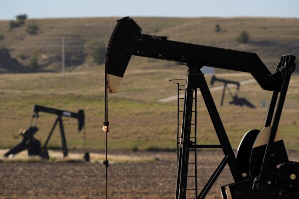 Pumpjacks operate in a pasture, Sept. 30, 2024, near Hays, Kan. (AP Photo/Charlie Riedel, File)