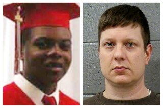 This combination of file photos shows Laquan McDonald and former Chicago Police Officer Jason Van Dyke. The Chicago Police Board on Thursday, July 18, 2019, fired four police officers for allegedly covering up Dyke's 2014 fatal shooting of teenager McDonald. (Family Photo, Cook County Sheriff's Office via AP, File)