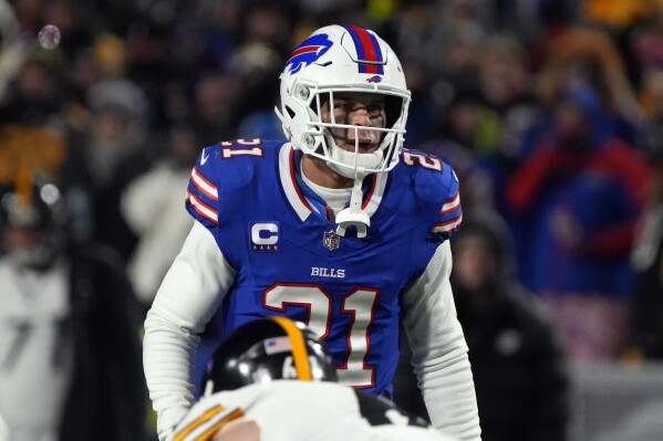 FILE - Buffalo Bills safety Jordan Poyer (21) lines up against the Pittsburgh Steelers during an NFL wild-card playoff football game, Jan. 15, 2024, in Orchard Park, N.Y. The Buffalo Bills salary cap-related purge of players continues with the team informing veteran safety Poyer and defensive back Siran Neal that they are being cut a week before the start of the NFL’s free agency signing period. A person with direct knowledge of discussions informed The Associated Press on Wednesday, March 6, that Poyer was informed of his pending release. (AP Photo/Rick Scuteri, File)