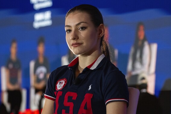 Gymnast Evita Griskenas is shown during a press conference at the Team USA Media Summit Monday, April 15, 2024, in New York. (AP Photo/Brittainy Newman)
