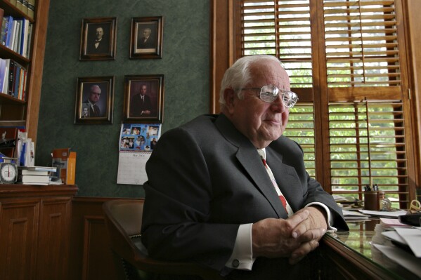FILE - Former Judge Paul Pressler poses for a photo in his home in Houston May 30, 2004. Pressler, a leading figure of the Southern Baptist Convention who was accused of sexual abuse and later settled a lawsuit over the allegations, has died at the age of 94. Pressler’s death, which happened on June 7, 2024, was announced in an obituary posted online by a Houston funeral home. (AP Photo /Michael Stravato, File)