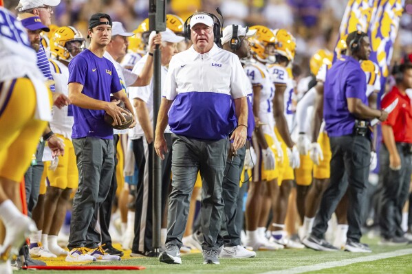 LSU head coach Brian Kelly walks on the sideline during an NCAA college football game against Grambling State in Baton Rouge, La., Saturday, Sept. 9, 2023. (Scott Clause/The Daily Advertiser via AP)