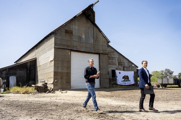 California Gov. Gavin Newsom, left, and California Attorney General Rob Bonta arrive at a press conference about President Donald Trump's tariffs on Wednesday, April 16, 2025, at an almond farm in Ceres, Calif. (AP Photo/Noah Berger)