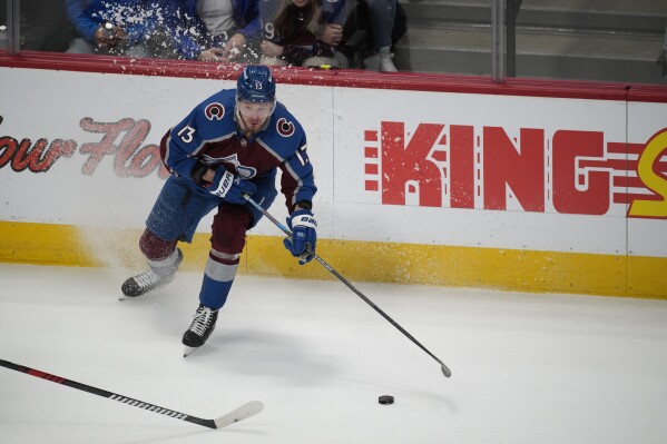 FILE - Colorado Avalanche right wing Valeri Nichushkin (13) in the third period of an NHL hockey game, April 11, 2023, in Denver. Nichushkin deflected questions Thursday, Sept. 21, 2023, concerning his sudden absence from a playoff series last season for what the team explained was personal reasons. (AP Photo/David Zalubowski, File)