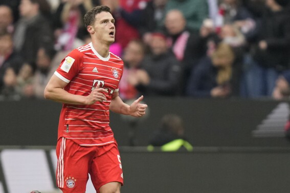 FILE - Bayern's Benjamin Pavard celebrates after scoring his side's opening goal during their German Bundesliga soccer match against 1899 Hoffenheim, at the Allianz Arena stadium in Munich, Germany, Saturday, April 15, 2023. Bayern Munich chief executive Jan-Christian Dreesen says on Wednesday, Aug. 30 defender Benjamin Pavard will undergo medical tests at Inter Milan ahead of an expected transfer to the Italian club. Pavard would leave after four years with the German champions. (AP Photo/Matthias Schrader, file)