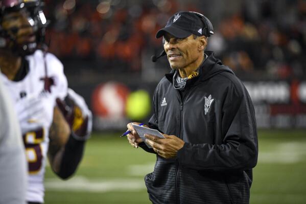 Arizona State head coach Herm Edwards watches his team during the third quarter of an NCAA college football game against Oregon State, Saturday, Nov. 20, 2021, in Corvallis, Ore. (AP Photo/Andy Nelson)