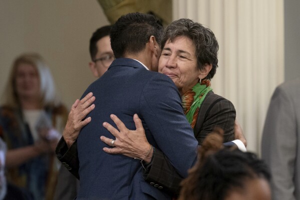 California Assembly Speaker Robert Rivas, of Hollister, congratulates state Sen. Susan Talamantes Eggman, D-Stockton, after the Assembly approved her bill, SB326, to overhaul how counties pay for mental health programs, during the Assembly session at the Capitol in Sacramento, Calif., Tuesday, Sept. 12, 2023. (Photo/Rich Pedroncelli)