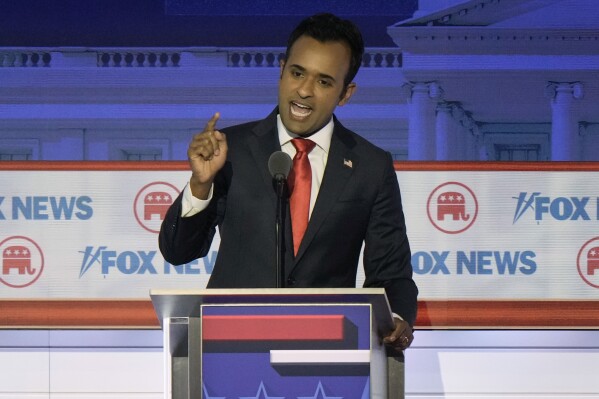 Republican presidential candidate businessman Vivek Ramaswamy speaks during a Republican presidential primary debate hosted by FOX News Channel Wednesday, Aug. 23, 2023, in Milwaukee. (AP Photo/Morry Gash)