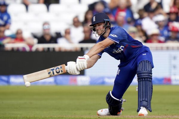 England's Will Jacks batting during the second One Day International cricket match between England and Ire at Trent Bridge, in Nottingham, England, Saturday, Sept. 23, 2023. (Tim Goode/PA via AP)