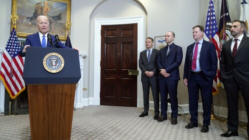 President Joe Biden speaks about artificial intelligence in the Roosevelt Room of the White House, Friday, July 21, 2023, in Washington, as from left, Adam Selipsky, CEO of Amazon Web Services; Greg Brockman, President of OpenAI; Nick Clegg, President of Meta; and Mustafa Suleyman, CEO of Inflection AI, listen. (AP Photo/Manuel Balce Ceneta)