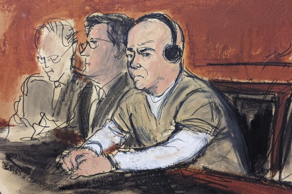 FILE - In this courtroom sketch, retired three-star Venezuelan army general Cliver Antonio Alcala Cordones, right, appears in federal court, Jan, 18, 2024, in New York. The formidable opponent of Venezuelan President Nicolás Maduro who twice tried to mount coups against the socialist leader spoke to The Associated Press as a Manhattan federal judge decides whether to punish him with a long prison sentence. It's the first time Alcalá has spoken since surrendering in 2020. (Elizabeth Williams via AP, File)