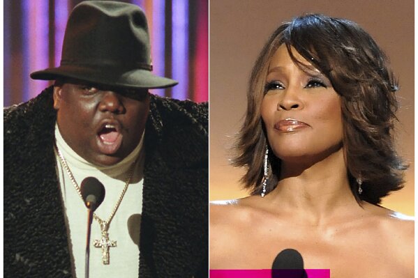 This combination photo shows Notorious B.I.G., who won rap artist and rap single of the year, during the annual Billboard Music Awards in New York on Dec. 6, 1995, left, and singer Whitney Houston at the BET Honors in Washington on Jan. 17, 2009. Houston and the Notorious B.I.G. are among the inductees to the Rock and Roll Hall of Fame's 2020 class. (AP Photo)