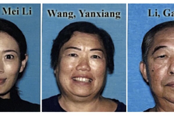 FILE - This undated photo combination provided by the Los Angeles Police Department shows Mei Haskell, left, and her parents, YanXiang Wang and Gaoshan Li. Samuel Haskell IV has been charged with murder for allegedly killing his wife and her parents, then stuffing dismembered body parts into trash bags. Prosecutors say Samuel Haskell of Tarzana was charged Monday, Nov. 13, 2023, with killing Mei Li Haskell and her parents, who vanished the week before. (Courtesy of Los Angeles Police Department via AP,File)