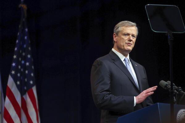 FILE - Massachusetts Gov. Charlie Baker delivers the State of the Commonwealth address, Tuesday, Jan. 25, 2022, at the Hynes Convention Center in Boston. Charlie Baker will be the next president of the NCAA, replacing Mark Emmert as the head of the largest college sports governing body in the country. (Barry Chin/The Boston Globe via AP, File)
