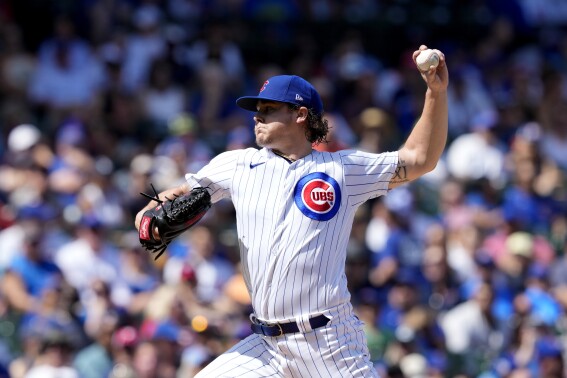 Chicago Cubs starting pitcher Justin Steele delivers during the first inning of a baseball game against the San Francisco Giants Monday, Sept. 4, 2023, in Chicago. (AP Photo/Charles Rex Arbogast)