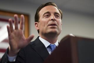 FILE - Republican Nevada Senate candidate Adam Laxalt speaks at a news conference Thursday, Aug. 4, 2022, in Las Vegas. A political action committee that supports Democratic candidates filed a complaint against Laxalt for allegedly violating campaign finance law. (AP Photo/John Locher,File)