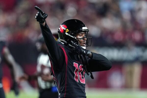Arizona Cardinals wide receiver DeAndre Hopkins (10) celebrates during the first half of an NFL football game against the New Orleans Saints, Thursday, Oct. 20, 2022, in Glendale, Ariz. (AP Photo/Ross D. Franklin)