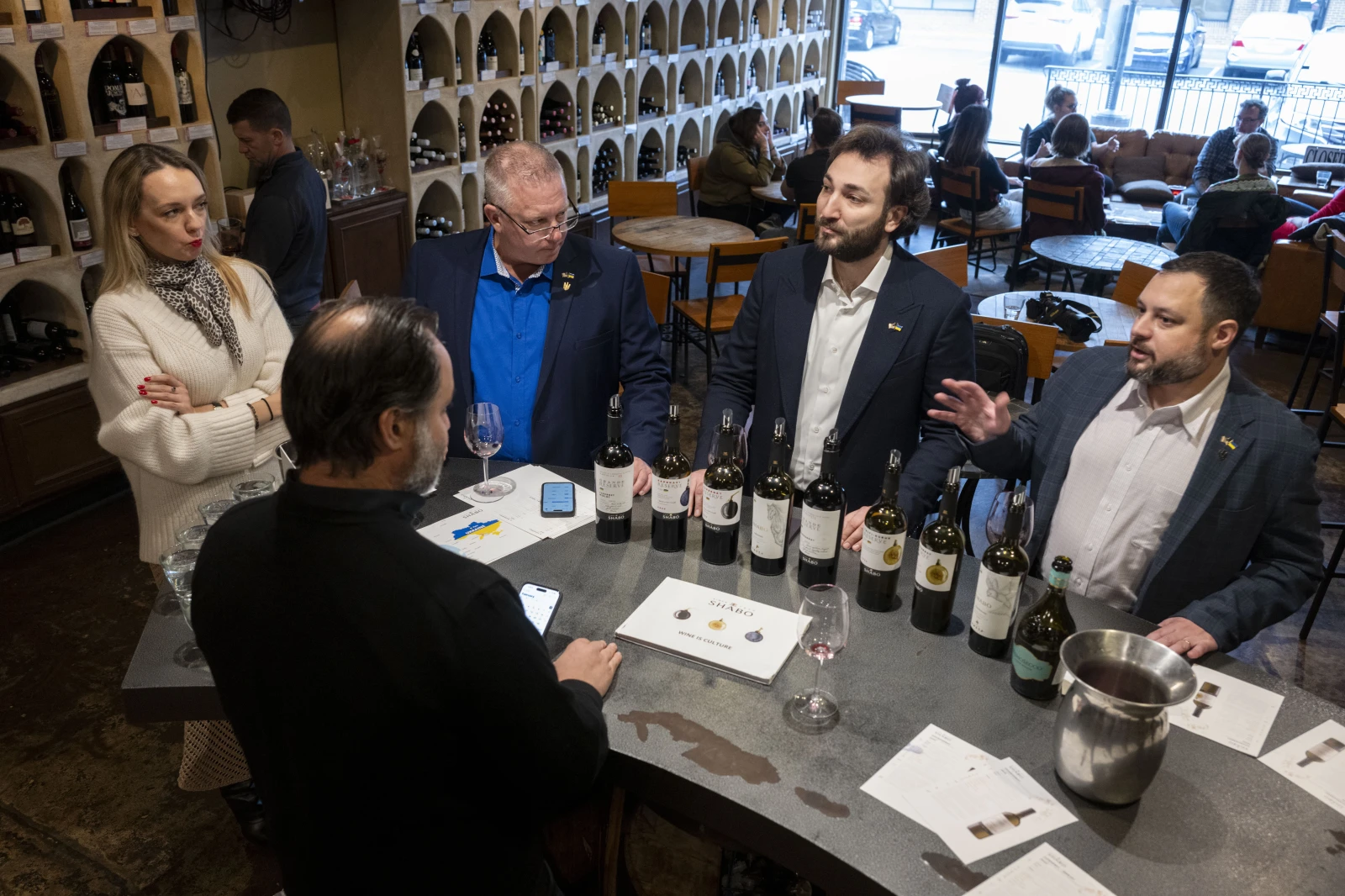 Interior of WineStyles store tasting Shabo wines with Sam Lerman, CEO of SPYRT Worldwide, owner of WineStyles Arthur Lampros, Giorgi Lukuridze, owner and CEO of Ukrainian winery Shabo, Joseph Belli, Sales Manager for SPYRT Worldwide, and Valentyna Parsaieva, head of export for Shabo.