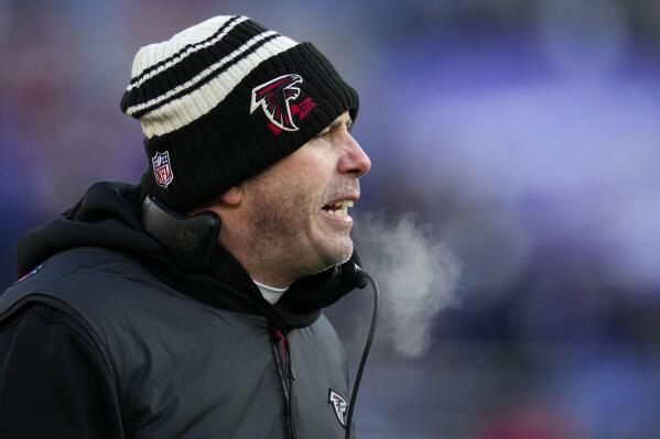 Atlanta Falcons head coach Arthur Smith challenges a call during the second half of an NFL football game against the Baltimore Ravens, Saturday, Dec. 24, 2022, in Baltimore. (AP Photo/Julio Cortez)
