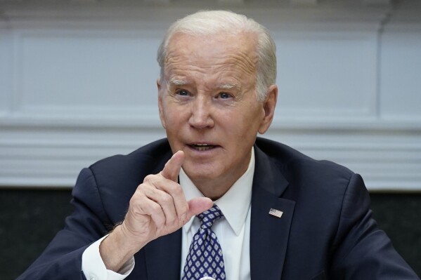 FILE - President Joe Biden speaks during a meeting with his "Investing in America Cabinet," in the Roosevelt Room of the White House, May 5, 2023, in Washington. Biden is ready to take full political ownership of the U.S. economy -- a reflection of the White House belief that inflation is fading, job growth is solid and voters need to know about it. (AP Photo/Evan Vucci, File)
