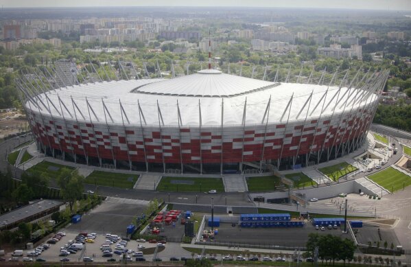 FILE - This Friday, May 18, 2012 file photo aerial view, made from an hot air balloon, shows the National Stadium, in Warsaw, Poland. Poland’s government is transforming the National Stadium in War...