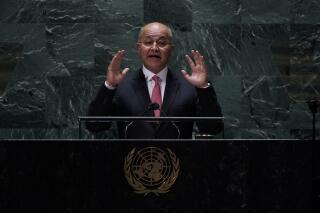 Barham Salih, President of Iraq addresses the 76th Session of the U.N. General Assembly at United Nations headquarters in New York, on Thursday, Sept. 23, 2021. (Timothy A. Clary/Pool Photo via AP)