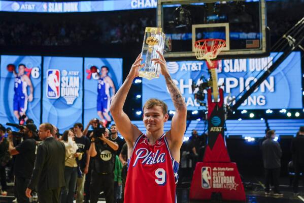 Mac McClung of the Philadelphia 76ers reacts after winning the slam dunk competition of the NBA basketball All-Star weekend Saturday, Feb. 18, 2023, in Salt Lake City. (AP Photo/Rick Bowmer)