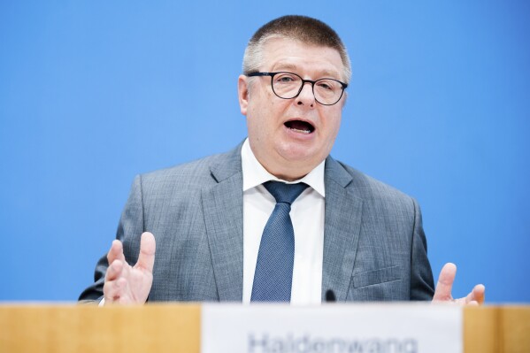 President of the Federal Office for the Protection of the Constitution Thomas Haldenwang speaks at the presentation of the 2022 Report on the Protection of the Constitution at the Federal Press Conference in Berlin, Germany, Tuesday June 20, 2023. (Christoph Soeder /dpa via AP)