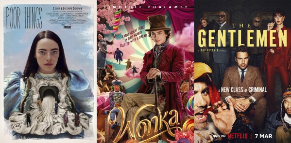 This combination of photos shows promotional art for the films "Poor Things," left, "Wonka," center, and the Netflix series "The Gentlemen." (Searchlight/Warner Bros./Netflix via AP)