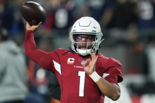 Arizona Cardinals quarterback Kyler Murray (1) warms up before an NFL football game against the New England Patriots, Monday, Dec. 12, 2022, in Glendale, Ariz. (AP Photo/Ross D. Franklin)