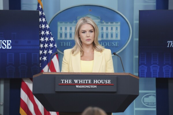 White House press secretary Karoline Leavitt speaks during a briefing at the White House, Monday, May 19, 2025, in Washington. (AP Photo/Evan Vucci)