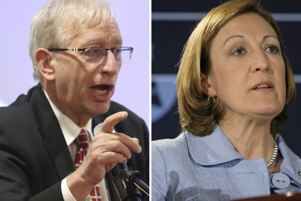 In this photo combo Ohio Supreme Court justice Pat Fischer, left, speaks during the Fairfield County Lincoln Republican Club banquet in Pickerington, Ohio, March 24, 2022 and then-Ohio Secretary of State Jennifer Brunner answers a question during a debate at the City Club of Cleveland, April 13, 2010, in Cleveland. (AP Photo/Paul Vernon, Tony Dejak, file)