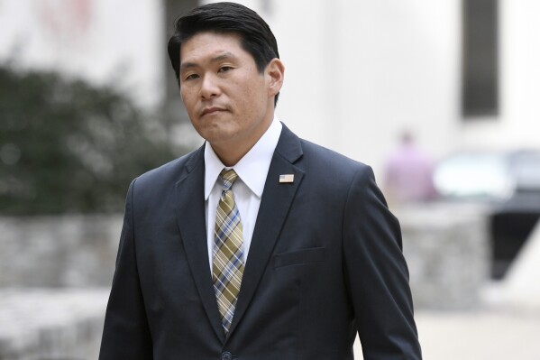 FILE - U.S. Attorney Robert Hur arrives at U.S. District Court in Baltimore on Nov. 21, 2019. (AP Photo/Steve Ruark, File)