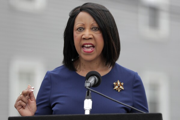 FILE - New Jersey Lt. Gov. Sheila Oliver speaks during a news conference announcing pollution lawsuits filed by the state, Wednesday, Aug. 1, 2018, in Newark, N.J. Suffering from and undisclosed medical condition, Oliver on Tuesday, Aug. 1, 2023, remained unable to carry out the role of acting governor while Democratic Gov. Phil Murphy is out of the country of vacation. (AP Photo/Julio Cortez, File)