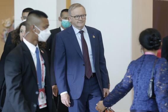 Australian Prime Minister Anthony Albanese, center, arrives to attend the APEC Economic Leaders Meeting during the APEC summit, Friday, Nov. 18, 2022, in Bangkok, Thailand. (Diego Azubel/Pool Photo via AP)