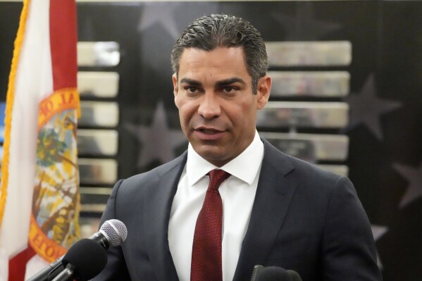 FILE - Miami Mayor Francis Suarez speaks during a news conference June 12, 2023, in Miami. Suarez is running for president in 2024 and filed paperwork Wednesday, June 14, with the Federal Election Commission to make his bid official.(AP Photo/Wilfredo Lee, File)