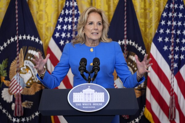 First lady Jill Biden speaks to the National Governors Association during an event in the East Room of the White House, Friday, Feb. 23, 2024, in Washington. (AP Photo/Evan Vucci)