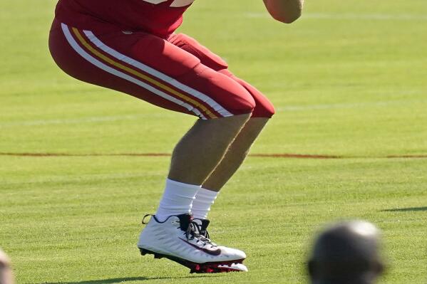 Kansas City Chiefs tight end Travis Kelce catches a pass at NFL football training camp Tuesday, Aug. 17, 2021, in St. Joseph, Mo. (AP Photo/Charlie Riedel)