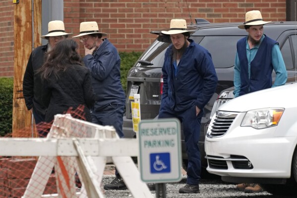 A group of Amish arrive at the Crawford County Judicial Center in Meadville, Pa., for the preliminary hearing for Shawn Christopher Cranston on Friday Mar. 15, 2024. Cranston is being held in connection with the murder of Rebekah A. Byler and her unborn child in her home in Spartansburg, Pa., on Feb. 26, 2024. (AP Photo/Gene J. Puskar)