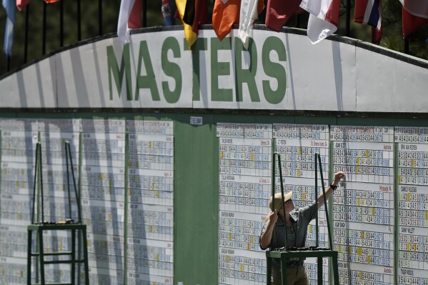 A worker changes the the main scoreboard during final round at the Masters golf tournament at Augusta National Golf Club Sunday, April 14, 2024, in Augusta, Ga. (AP Photo/Charlie Riedel)