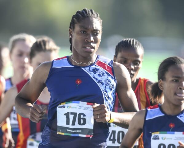 FILE - South African long distance athlete Caster Semenya on her way to winning the 5,000 meters at the South African national championships in Pretoria, South Africa, Thursday, April 15, 2021. Track and field banned transgender athletes from international competition Thursday, March 23, 2023, while adopting new regulations that could keep Caster Semenya and other athletes with differences in sex development from competing. (AP Photo/Christiaan Kotze, File)