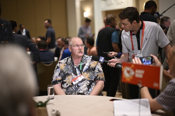 Kansas City Chiefs head coach Andy Reid talks with reporters during an AFC coaches availability at the NFL owners meetings, Monday, March 25, 2024, in Orlando, Fla. (AP Photo/Phelan M. Ebenhack)