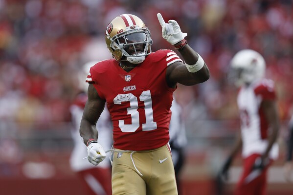 FILE -San Francisco 49ers safety Tashaun Gipson Sr. (31) reacts after intercepting a pass against the Arizona Cardinals during the second half of an NFL football game in Santa Clara, Calif., Sunday, Jan. 8, 2023. Veteran free-agent safety Tashaun Gipson has been suspended by the NFL for the first six games of the 2024 season. The NFL announced Gipson’s suspension Tuesday, July 2, 2024. (AP Photo/Jed Jacobsohn, File)