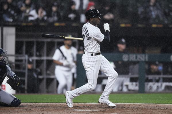 RETRANSMISSION TO CORRECT TO A TWO-RUN DOUBLE - Chicago White Sox's Tim Anderson watches his two-run double during the second inning of the team's baseball game against the Seattle Mariners on Wednesday, April 13, 2022, in Chicago. (AP Photo/Paul Beaty)