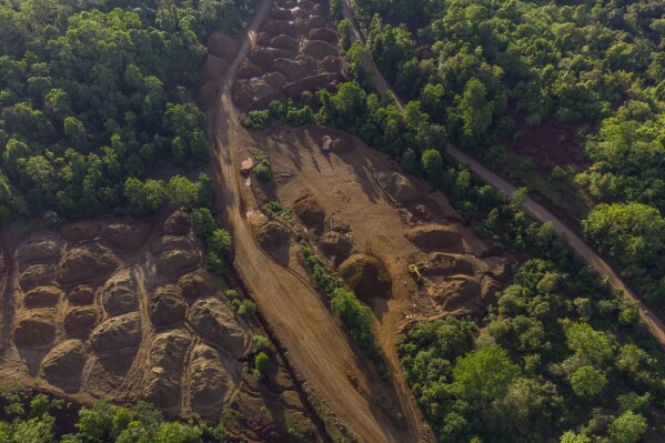 A nickel mining site is visible on Kabaena Island in Southeast Sulawesi, on Saturday, Nov. 16, 2024. (AP Photo/Yusuf Wahil)