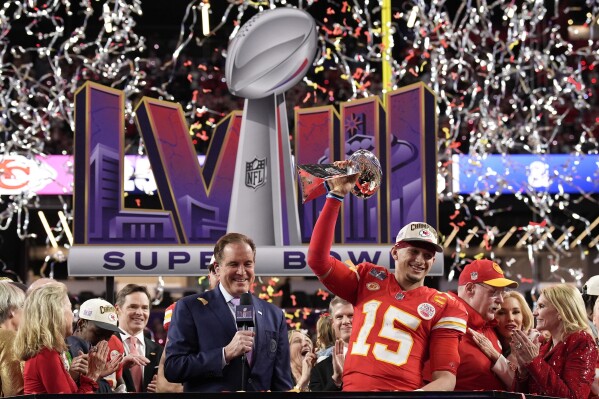 Kansas City Chiefs quarterback Patrick Mahomes (15) celebrates after the NFL Super Bowl 58 football game against the San Francisco 49ers, Sunday, Feb. 11, 2024, in Las Vegas. The Kansas City Chiefs won 25-22 against the San Francisco 49ers. (APPhoto/John Locher)