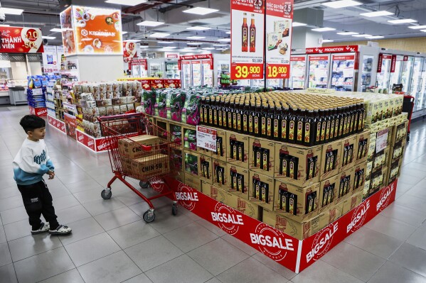 Nam Ngu fish sauce is displayed at Lotte Mart West Lake on March 10, 2025, in Hanoi, Vietnam. (AP Photo/Yannick Peterhans)